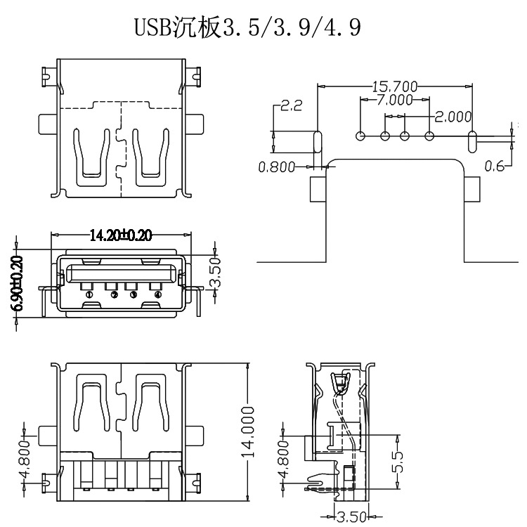 无卷边USB母座连接器,直边USB连接器,迷你插口母座,DC充电插座